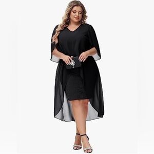 Hanna Nikole Chiffon Cocktail Dress V Neck Cape Plus Size Business Party Dresses